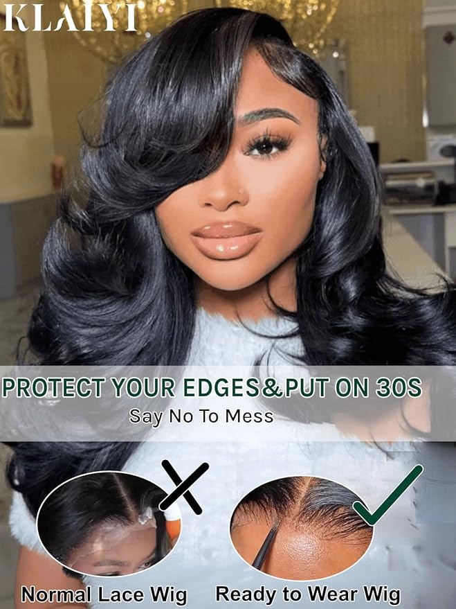 KLAIYI Bye Bye Slip™ Loose Body Wave Wig Layer Side Part 200% Density 7X5 Pre Cut Lace Front Wigs Human Hair Drawstring Glueless 30S Ready to Wear and Go Beginner Wig Pre Plucked Bleached Knots 22Inch