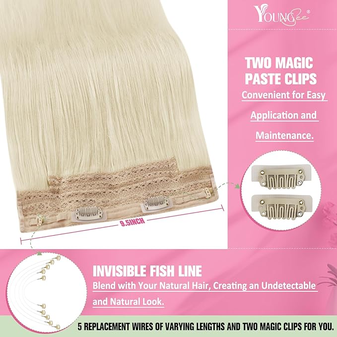 YoungSee Wire Human Hair Extensions Platinum Blonde Hair Extensions Invisible Wire Long Straight Hair Fish Line Extensions Dyable Remy Hair 100G 20 Inch