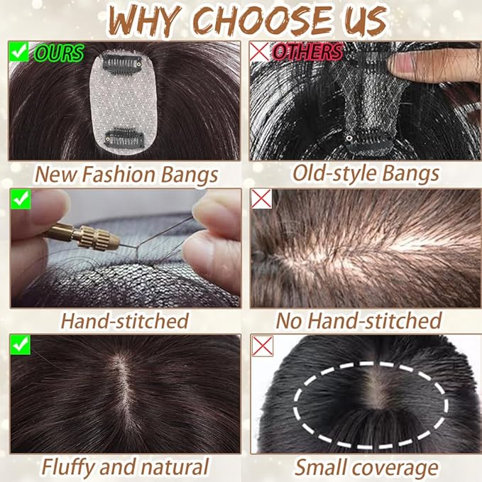 Amchoice Hair Toppers for Women Real Human Hair, Bangs Hair Clip 360° 3D Cover Bangs, Human Hair Toppers for Women Daily(Chestnut, 3D Wispy Bangss (5 * 9))
