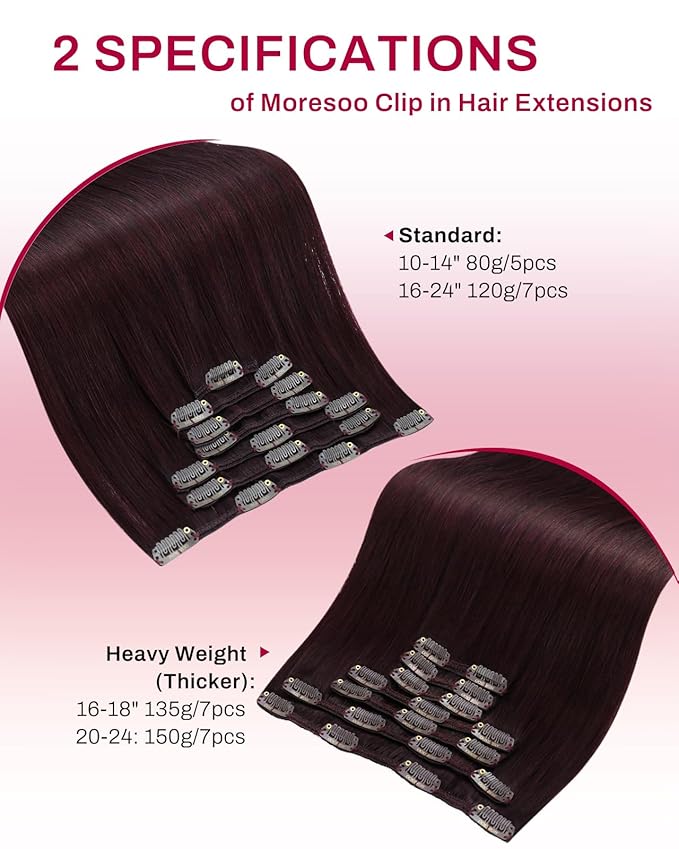 Moresoo Burgundy Human Hair Clip in Extensions Double Weft Wine Red Hair Extensions Clip in Human Hair Red Wine #99J Full Head Set 7Pieces 120G 24inch