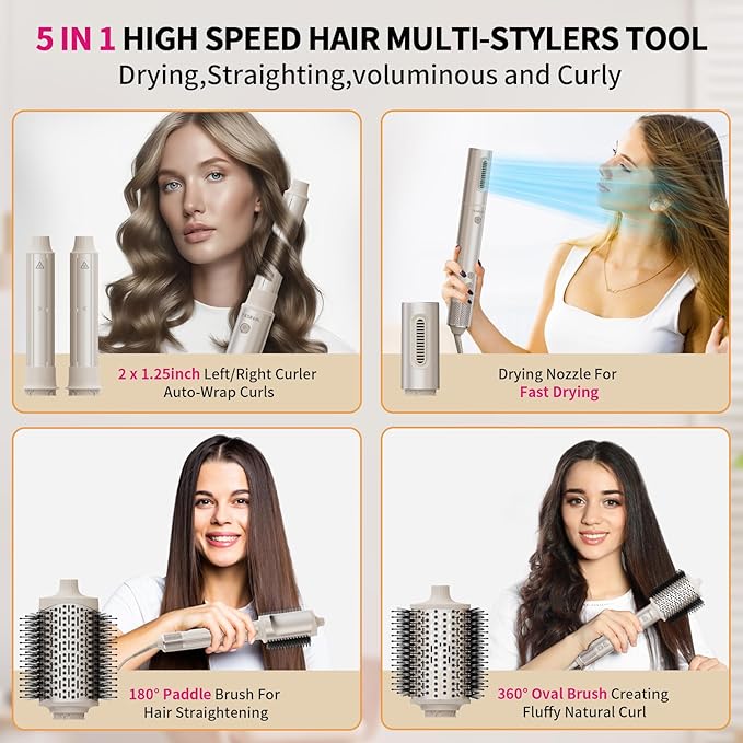 5-in-1 Hot Air Styler & Hair Dryer Brush – Fast Drying, Ionic Blow Dryer with Auto-Wrap Curler, Volumizing Brush & Straightener – Frizz-Free, No Heat Damage, Travel Bag Included for Easy Styling