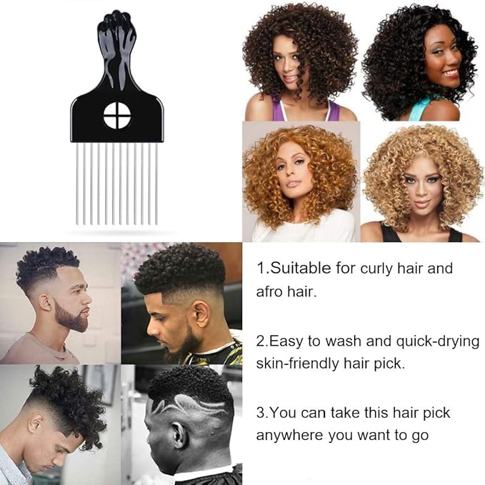 Hair Picks - Black Metal Afro Combs for Hair Styling, Fist Pick for Women and Men