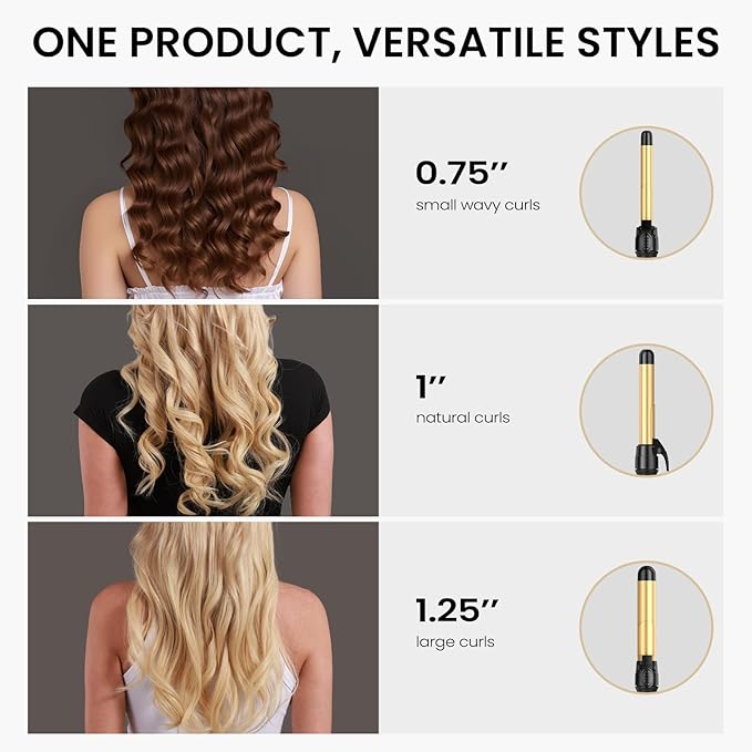 Rotating Curling Iron 3 in 1 Set, Automatic Curling Wand with 3 Interchangeable Ceramic Barrels(0.75" - 1.25"), Instant Heating Hair Culer with 5 Adjustable Temp, Include Heat Resistant Glove & Clips
