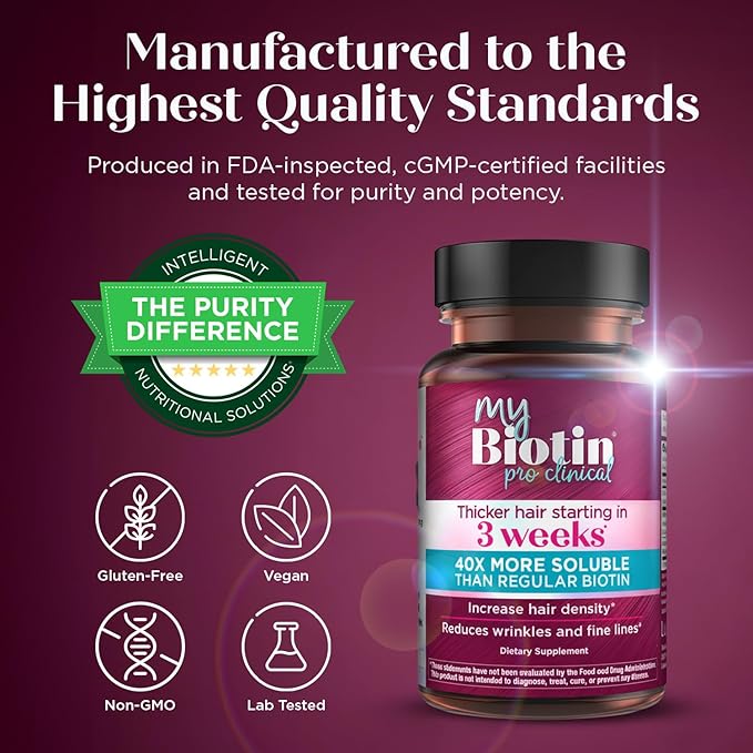 Purity Products MyBiotin ProClinical – Thicker Hair Starting in 3 Weeks & Fights Wrinkles - MB40X Patented Biotin Vitamin B7 Matrix w/Astaxanthin - 40X More Soluble vs Ordinary Biotin, 30 Veg Capsules