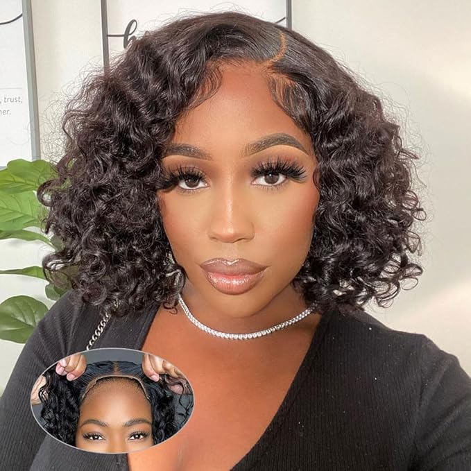 GOLFMAX Glueless Wigs Human Hair Pre Plucked Pre Cut Wear and Go Glueless Wig Curly Short Bob Wig Human Hair Wigs Deep Wave 4x4 Lace Closure Wigs Human Hair 10 Inch