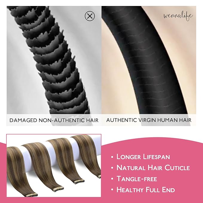 WENNALIFE Tape in Hair Extensions Human Hair Balayage Chocolate Brown to Caramel Blonde Tape in Extensions, 10pcs 30g 20 inch Remy Invisible Tape Ins Straight Soft Real Human Hair Tape in Extensions