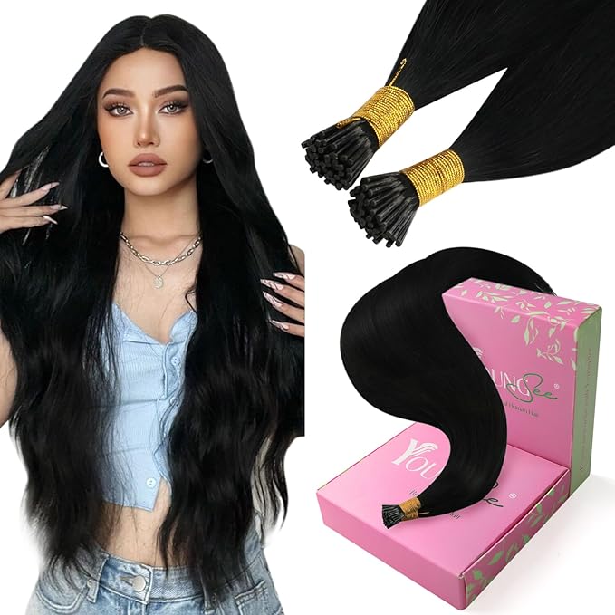 YoungSee I Tip Hair Extensions Black Human Hair Extensions I Tip Jet Black 24Inch 50g I Tips Hair Extension Real Human Hair Long Hair Extension Tip Natural Look for Black Women 50s