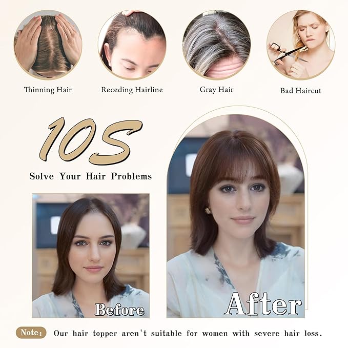 Hair Toppers for Women Clip in Bangs Real Human Hair,10 Inch 30g Brown Topper for Women 150% Density Silk Base Clip in Pieces Straight for Thin Daily Use