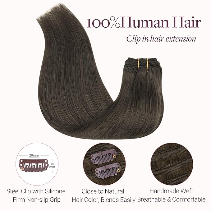 GOO GOO Clip in Hair Extensions Real Human Hair, Remy Human Hair Extensions Clip ins for Women, Natural Human Hair, 16inch 120g 7Pcs, 1C Mocha Brown