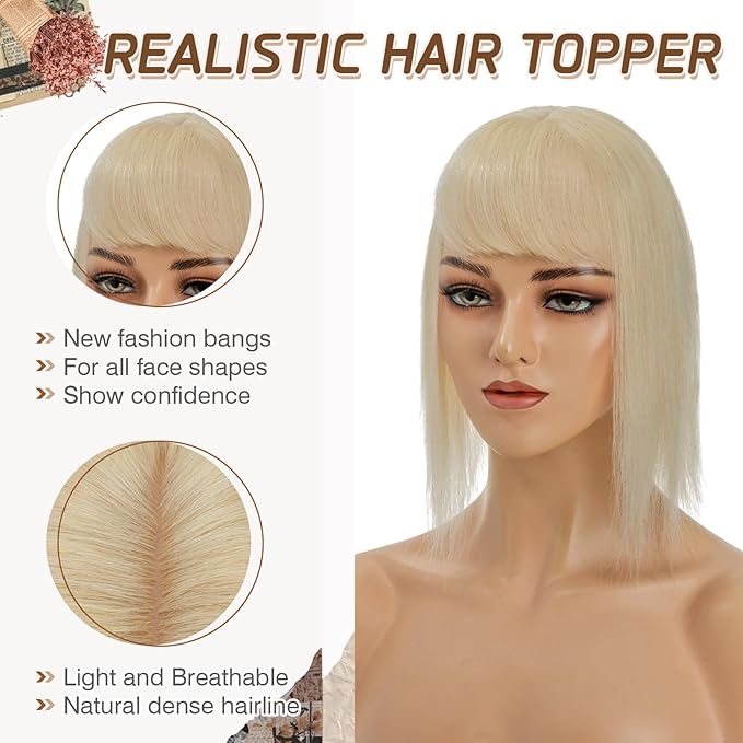 Rich Choices Real Human Hair Toppers for Women With Bang 100% Remy Human Hair Topper for Thinning Hair Clip in Silk Base Hair Topper 14 Inch #613 Bleach Blonde