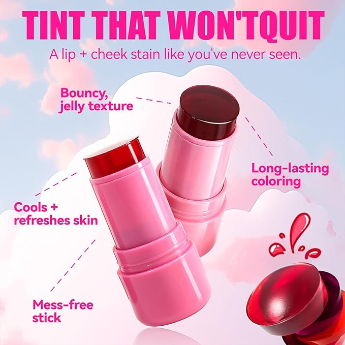 Cooling Water Jelly Tint,Jelly Blush Stick,Long Lasting Milk Jelly Blush Stick-1,000+ Swipes Per Stick,Jelly Texture Moisturising,Buildable Watercolor Finish (B, S)
