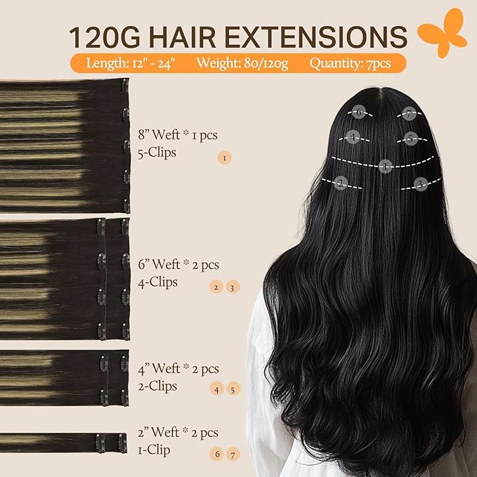 DOORES Hair Extensions Clip in Human Hair Balayage Natural Black to Light Blonde 120g 7pcs 16 Inch Remy Clip in Human Hair Extensions Straight