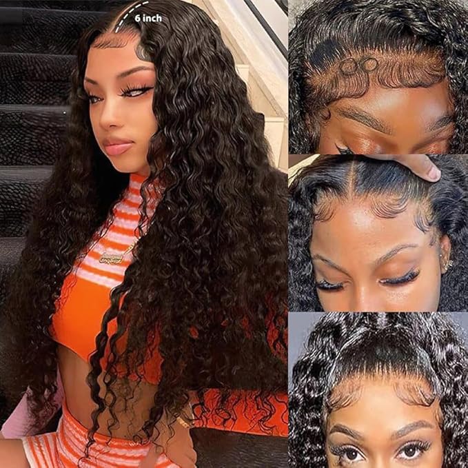 SOSATISFY 32 Inch 13X6 Deep Wave Lace Front Wigs Human Hair 200 Density Glueless Curly Human Wigs for Women 13x6 HD Transparent Lace Frontal Wigs Pre Plucked with Baby Hair Natural Color