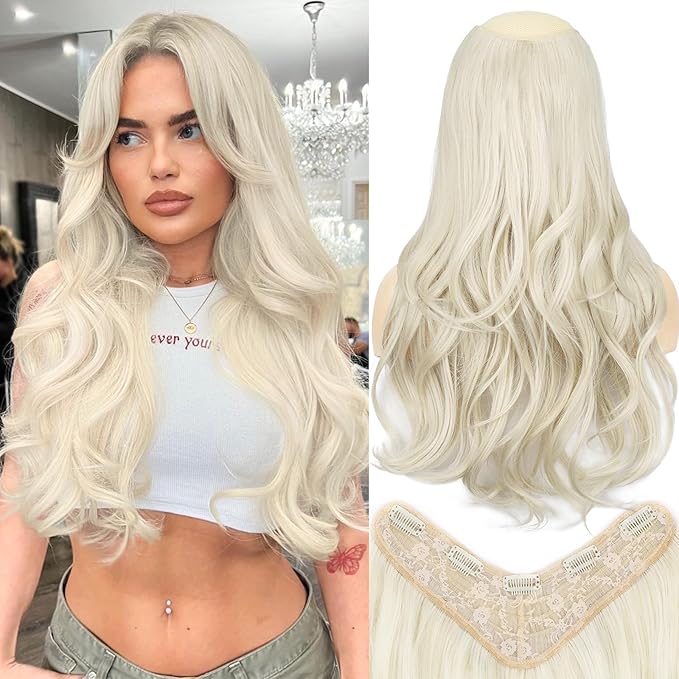 ALXNAN Long Wavy Hair Extensions for Women, Clip in Hair Extensions Clip Ins Soft Full Head Synthetic Hairpieces 20 Inch Platinum Blonde