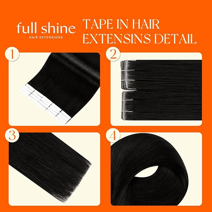 Full Shine Tape in Extensions Color 1 Black Injection Tape in Hair Extensions Machine Remy 24 Inch Invisible Skin Weft for Wedding Add Length 50 Grams 20 Pcs Soft Natural