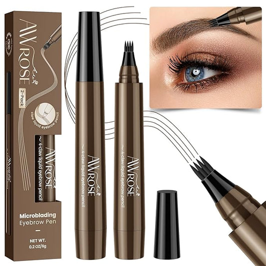 AWROSE Eyebrow Pencil, 2 Pack 3D Waterproof Microblading Eyebrow Pen 4 Fork Tip Tattoo Pencil, Precise Natural Magic Eye Brow Pen with Hair Like Strokes, 4 Points Multi-Used Eye Brow Pencils for Women