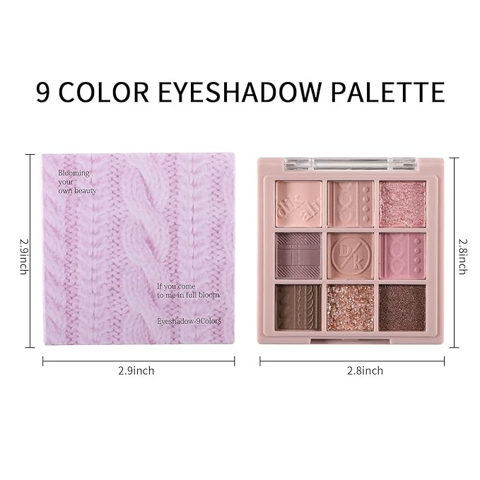 Erinde 9 Colors Eyeshadow Palette, Matte Shimmer Glitter Eye Shadow Makeup Palette, Highly Pigmented Long Lasting Waterproof, Natural Neutral Nude Eyeshadow Makeup Pallet, Pink Purple Rose
