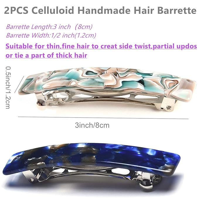 2PCS French Design Hair Barrette Tortoise Shell Celluloid Rectangle Hair Clips for Women