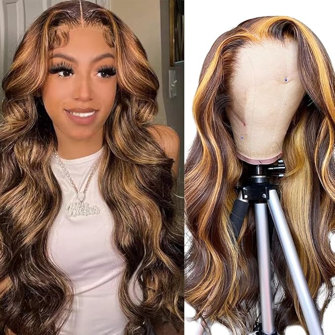13x4 Highlight Ombre Lace Front Wig Human Hair Pre Plucked 4/27 Honey Blonde HD Glueless Colored Lace Frontal Wigs For Women with Baby Hair 200% Density Body Wave Lace Front Wig (28 Inch)