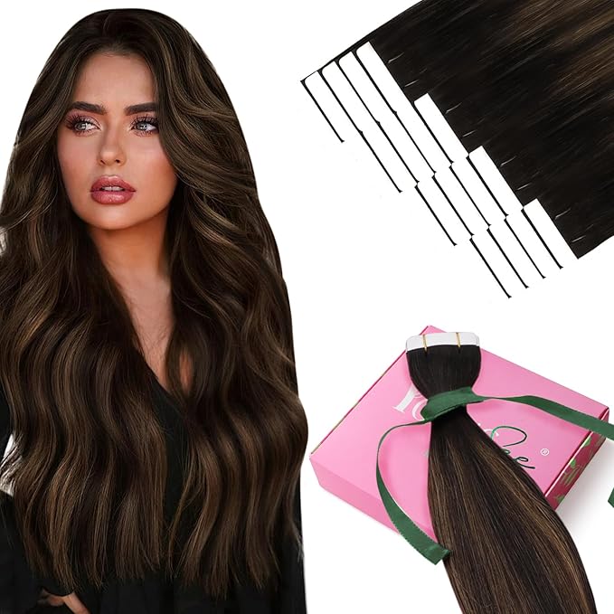YoungSee Tape in Extensions Human Hair Balayage Tape in Hair Extensions Human Hair Dark Brown Mix Ash Brown Human Hair Tape-in Extension 22In Ombre Hair Extension Tape-in 20pcs 50g for Instant Length