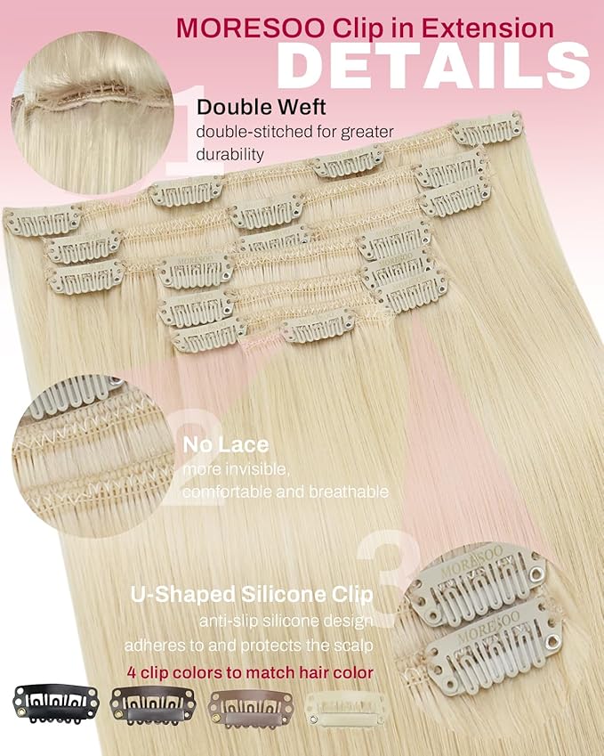 Moresoo Clip in Hair Extensions Remy Double Weft Human Hair Clip in Extensions Straight Hair Extensions for Women Golden Platinum Blonde #60 7pcs 120g 16inch