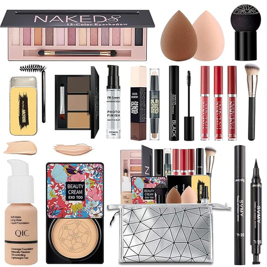 All in One Makeup Kit,Includes Naked Eyeshadow,Liquid Foundation,CC Cream,Lipstick Set,Mascara,Makeup Brush,Makeup Sponge,Eyebrow Powder,Eyebrow Soap,Eyeliner Stamp, Primer,Contour Stick,Cosmetic Bag