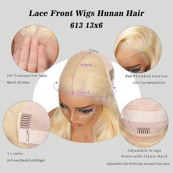 613 Hd Lace Front Wigs Human Hair 34 Inch 13X6 Glueless Full Frontal 220% Density Body Wave Blonde Wig Human Hair 100% Triple Lifespan 3X No Tangle No Shedding No Synthetic