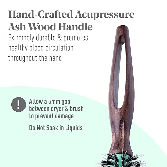 MINT Eco-Friendly Boar Bristle Round Brush for Blow Drying | Durable Blowout Styling for All Hair Types | Ceramic Round Brush with Hand-Crafted Wooden Handle (30 mm)
