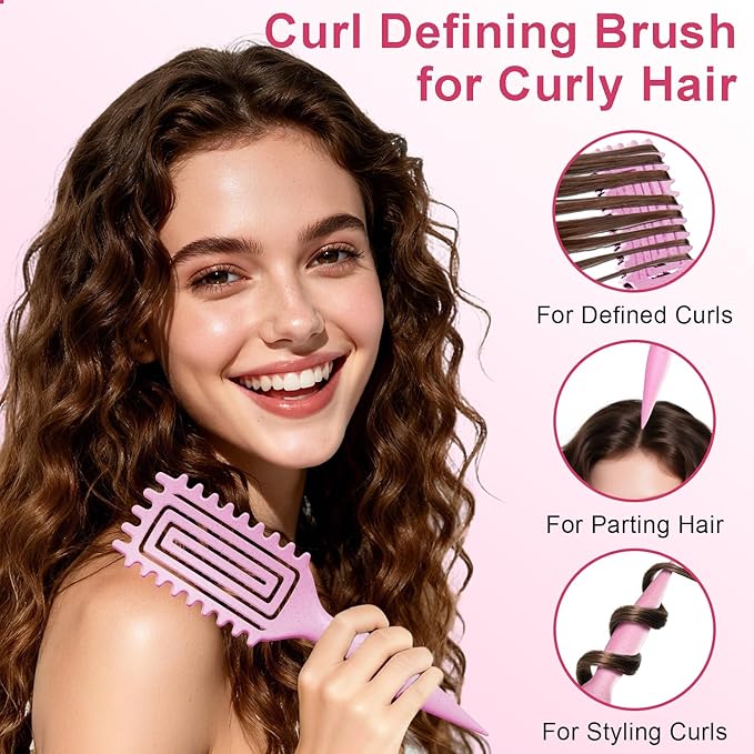 2-Pack Curly Hair Brush, Curl Defining Brush with Soft Boar Bristles Detangling Tangled Glides, Wide-Teeth Design Effortlessly Shaping & Defining Curls, Curling Definer for Wet & Dry Hair (Green Pink)