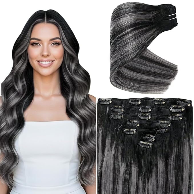 Ve Sunny Human Hair Clip in Extensions Black Ombre Clip in Hair Extensions for Women Clip Hair Extensions Real Human Hair Long Hair Extensions Natural Black Balayage Grey Silver 7pcs 120g 24inch