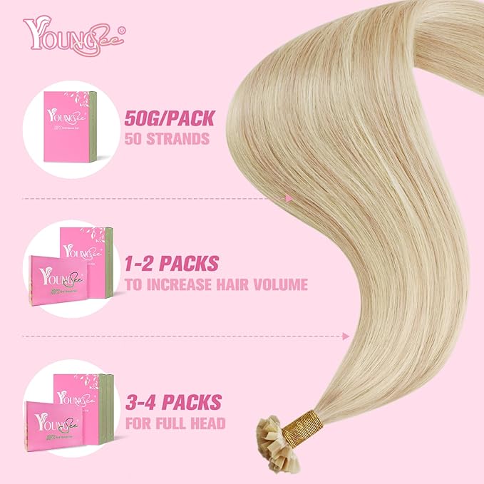YoungSee K Tip Highlight Hair Extensions Highlight Ash Blonde with Bleach Blonde K Tip Hair Extensions Real Human Hair Highlight 16In 1G/S 50G
