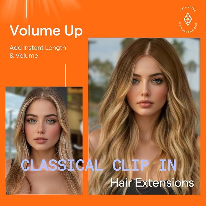 Full Shine Clip in Hair Extensions for Extra Long Real Remy Human Hair 22 Inch Brown Ombre Blonde Remy Hair Extensions Clip ins Straight Natural Hair Double Weft 7 Pcs 120 G
