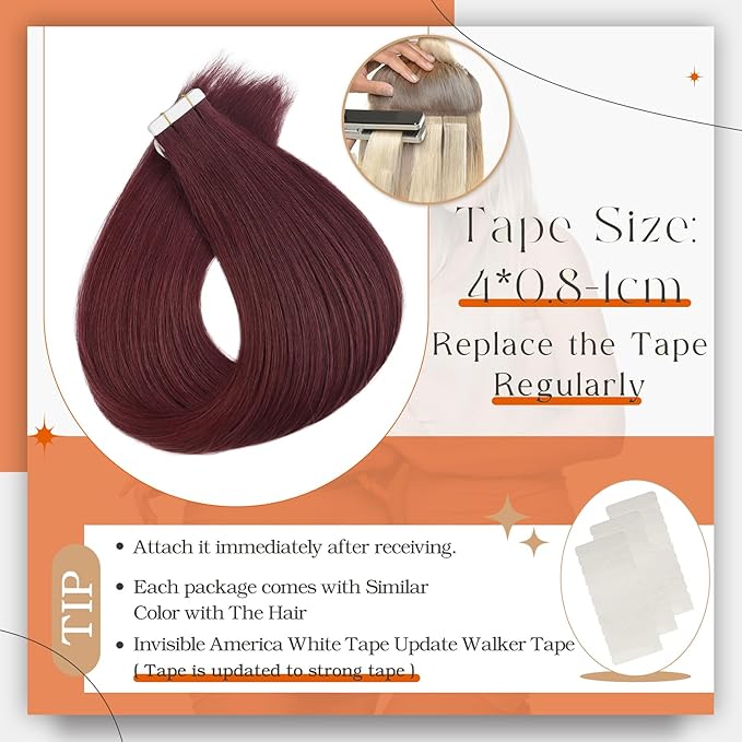 Full Shine Tape Extensions Color 99J Wine Red Tape in Hair Extensions Human Hair 22Inch Remy Seamless Skin Weft Straight Invisible Extension 100G 40Pcs for Natural Look