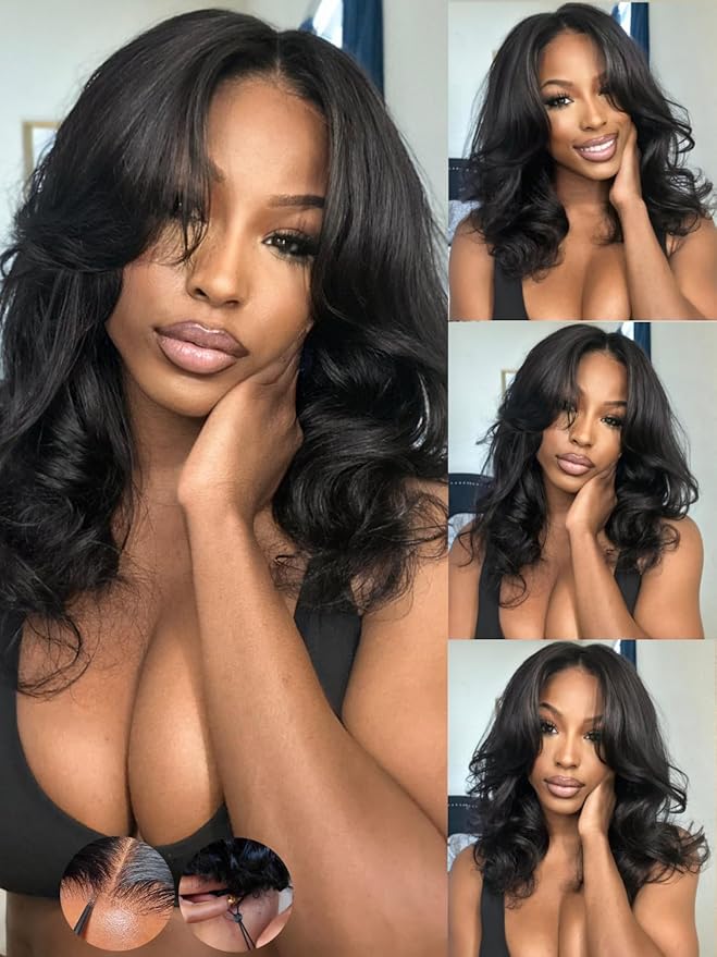KLAIYI Loose Body Wave Pre Everything Glueless 13x4Lace Front Wig Human Hair Drawstring Precut Lace Pre Plucked Bleached Bye Bye Knots 3S Ready to Wear and Go Wig with Face Framing Curtain Bang 26Inch