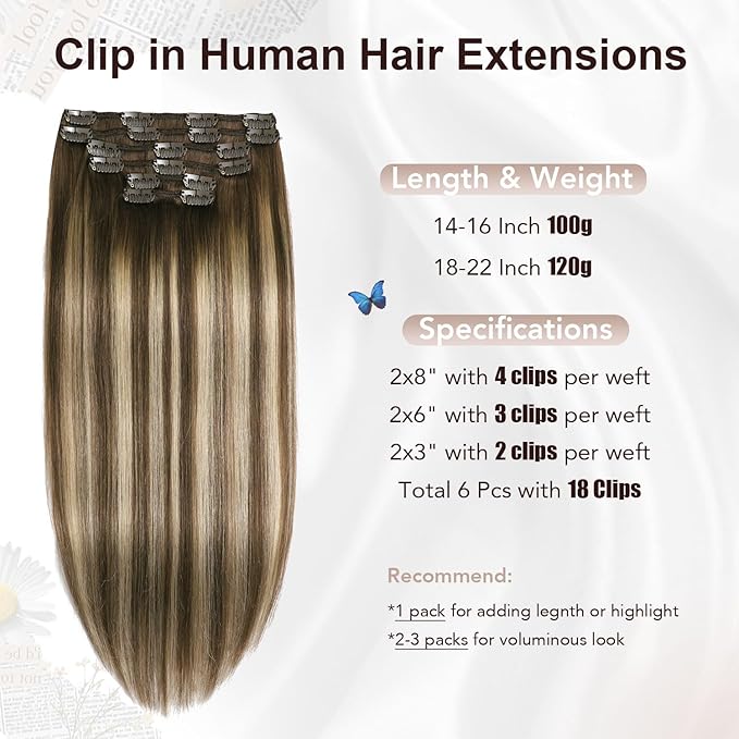 XDhair Clip in Hair Extensions 120g 22 Inch Chocolate Brown to Caramel Blonde Real Human Hair Extensions Balayage Clip in Hair Extensions Double Weft 6pcs (22inch, #4/27/4)