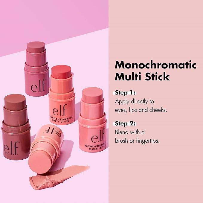 e.l.f. Monochromatic Multi Stick, Travel-Sized Luxuriously Creamy & Blendable Color For Eyes, Lips & Cheeks, Vegan & Cruelty-Free, Glimmering Guava