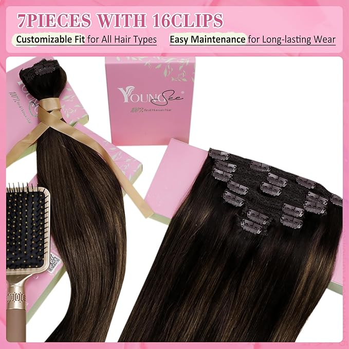 YoungSee Clip in Human Hair Extensions Dark Brown Balayage Medium Brown Clip in Hair Extensions Human Hair Ombre Straight Hair Extension Clip ins 18In 120G 7Pcs
