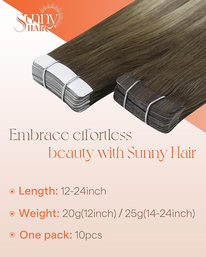 Sunny Hair Tape in Hair Extensions Real Human Hair Invisible Remy Hair Extensions Tape ins for Women Cool Brown Ombre Light Brown Balayage Medium Blonde 18 inch 25G