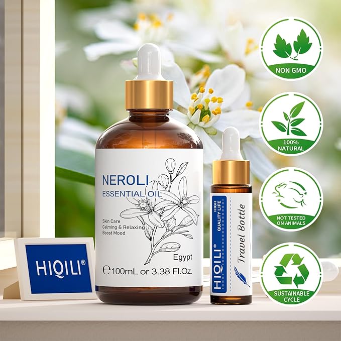 HIQILI Neroli Essential Oil 3.38 Fl Oz, Pure Natural Neroli Oil for Skin, Diffuser, Includes 10ML Travel Bottle - 100ML