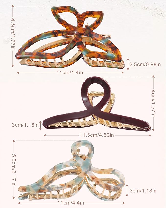 HAIMEIKANG 3 PCs Metal Acrylic Hair Bow Claw Clips - Strong Hold Non-Slip Large Gold Clips for Thick Hair