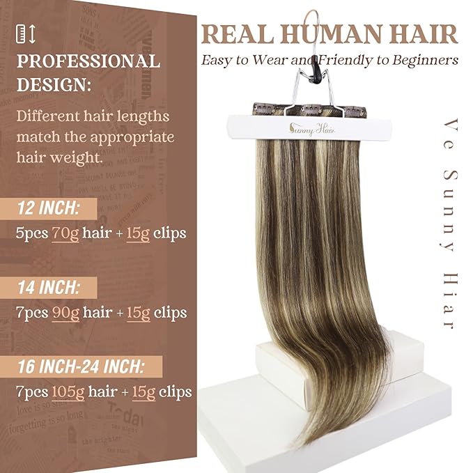 Ve Sunny Clip in Hair Extensions Real Human Hair Brown Highlights Hair Extensions Clip ins Dark Brown mit Caramel Blonde Human Hair Clip in Extensions Easy to Wear 20 Inch 7pcs 120g