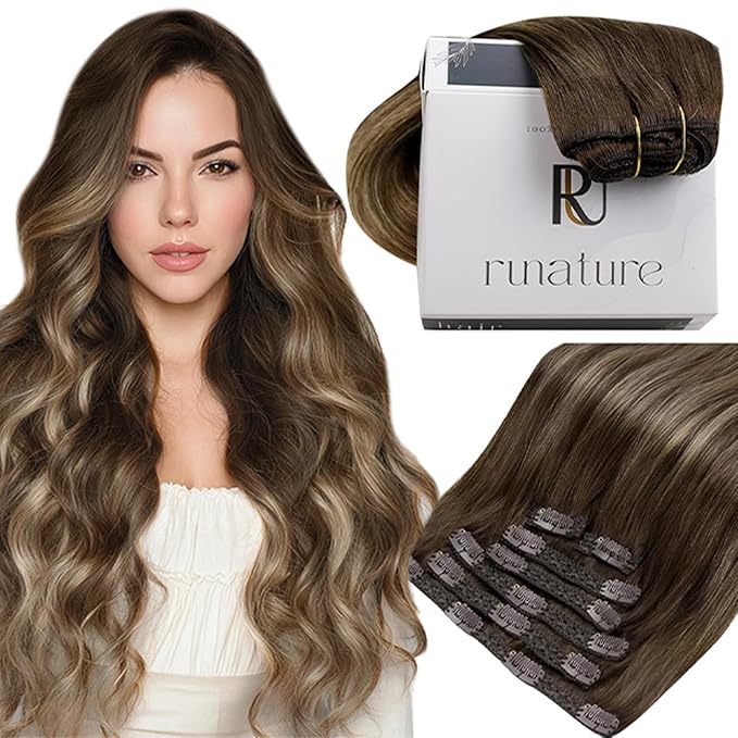 RUNATURE Balayage Clip in Hair Extensions, Real Human Hair Clip in Extensions Short, Brown Hair Extensions Clip Ins, Remy Natural Hair For Daily Wearing, 12 Inch 80g 7pcs #4/27/4 Brown Balayage