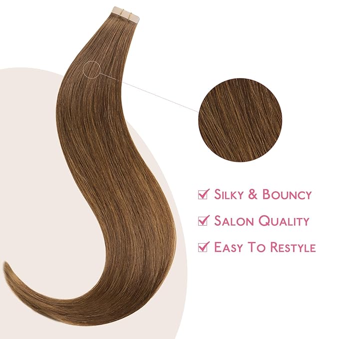WENNALIFE Tape in Hair Extensions Human Hair Light Auburn Brown Tape in Extensions, 10pcs 25g 16 inch Remy Invisible Tape Ins Straight Colored Soft Real Human Hair Tape in Extensions Refill Set