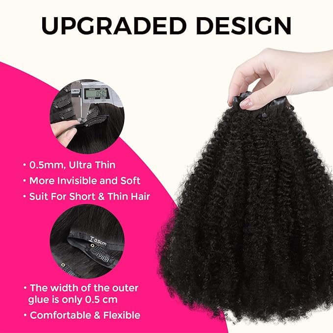 Lashey Seamless Clip in Hair Extensions Human Hair 110g 7pcs Afro Kinky Curly Human Hair Clip in Extensions 24 Inch Natural Black Hair Extensions Real Human Hair