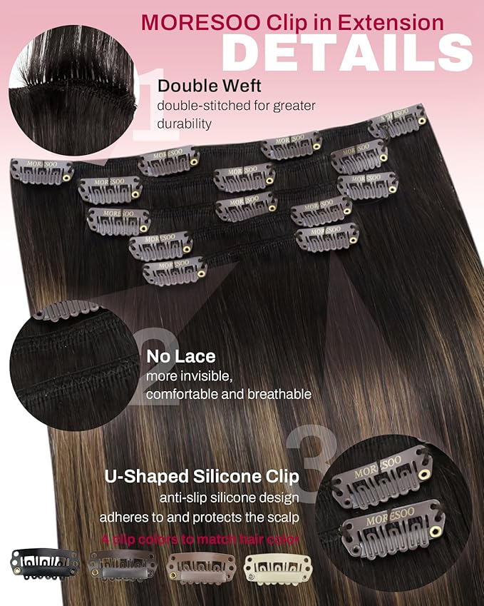 Moresoo Brown Balayage Clip in Hair Extensions Dark Brown to Chestnut Ombre Clip in Extensions Real Human Hair Short for Women Remy Human Hair Double Weft 80g/5pcs 14 inch