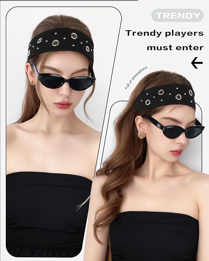 Grommet Headband for Women, Black Round Studs 23cm Hollow Out Elastic Hair Band, Eyelets Punk Grunge Stylish Hairband
