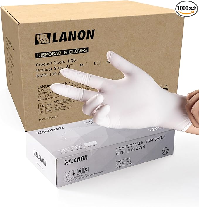 LANON Food Safe White Disposable Nitrile Gloves, Latex-Free, Powder-Free, Textured Fingertips, Cooking, Cleaning, Case, Medium