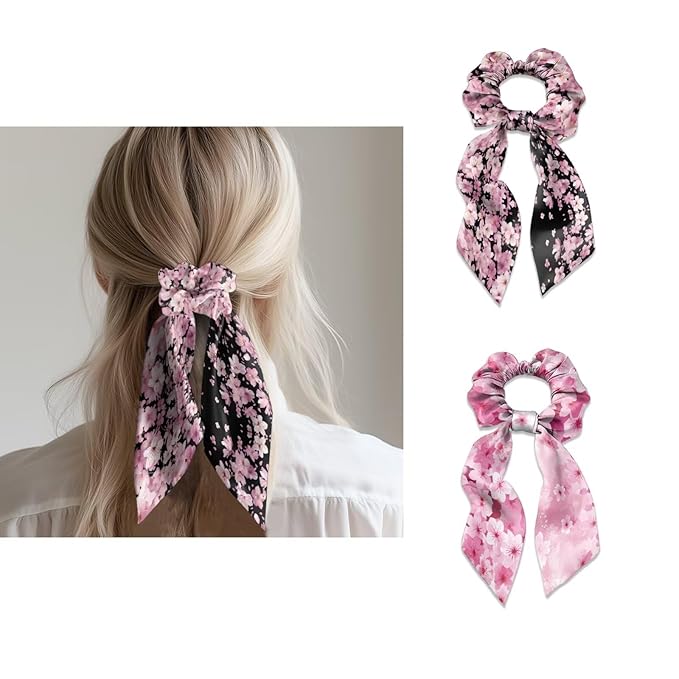 Cherry Blossom Elastic Ribbon Hair Ties 2 Pcs Pink Black Scarf Scrunchies Travel Accessory for Thick Thin Hair Satin Ponytail Scrunchy with Tails