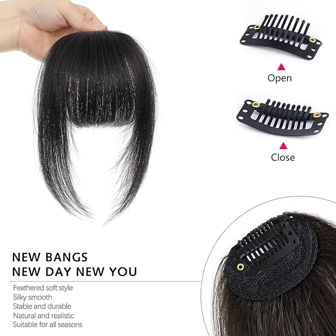 Clip In Bangs-Real Human Hair Brown Black Clip On Bangs Hair Extensions Fake Bangs Human Hair French Bangs Fringe With Temples Hairpieces Curved Bangs For Daily Wear