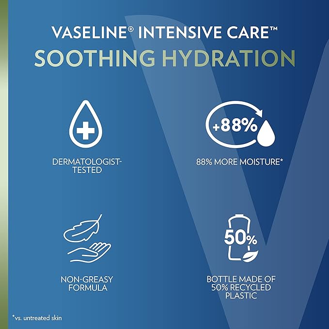 Vaseline Intensive Care Body Lotion for Dry Skin Soothing Hydration Lotion Made with Ultra-Hydrating Lipids + 1% Aloe Vera Extract to Refresh Dehydrated Skin 20.3 oz, Pack of 3 (packaging May Vary)
